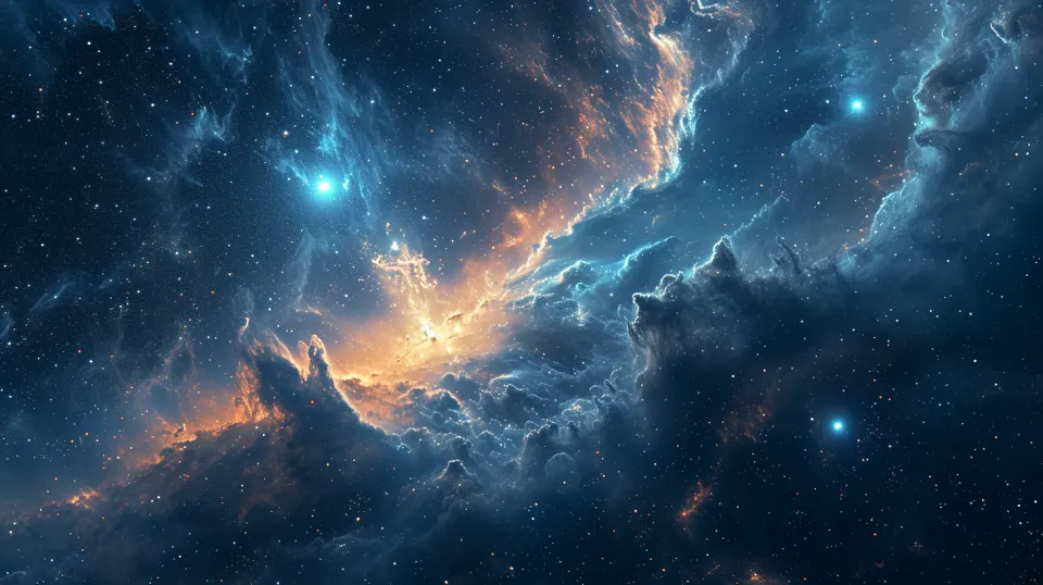 Paisaje cósmico con nubes y un cielo estrellado