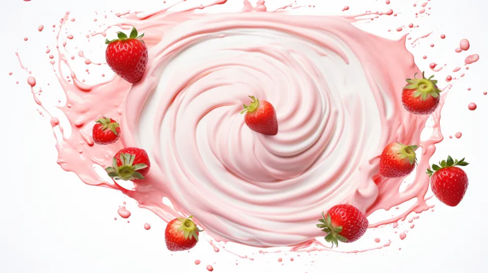 Masa cremosa de color rosa con fresas alrededor