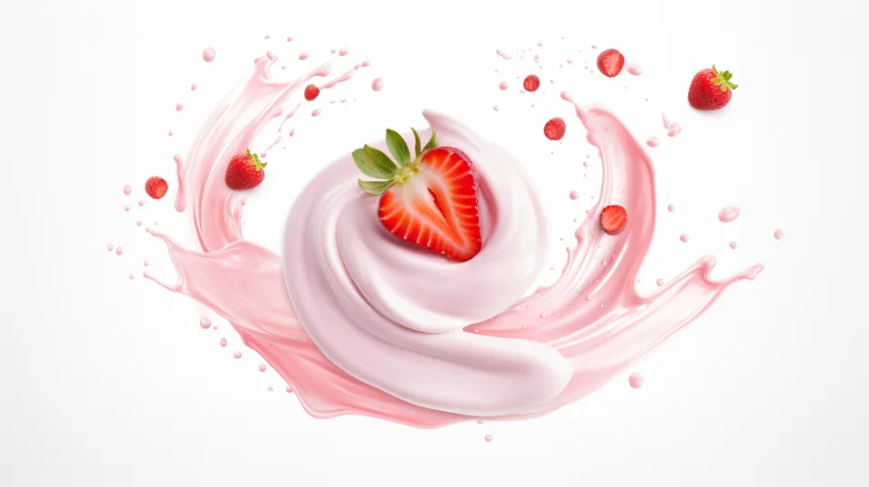 Crema aireada decorada con fresas frescas y gotas de puré