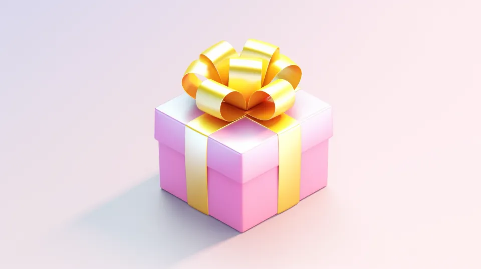 Gift box with pink wrapping and a golden bow