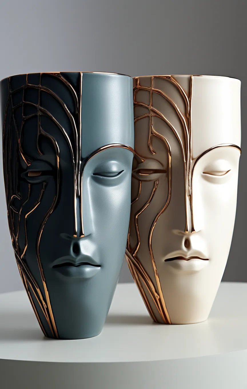 Aesthetic vases with patterns depicting faces in a modern style