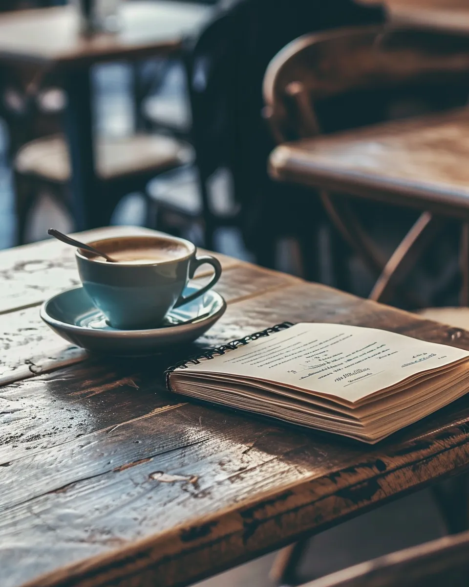 Detailed view of a cup of coffee and an open notebook on a table