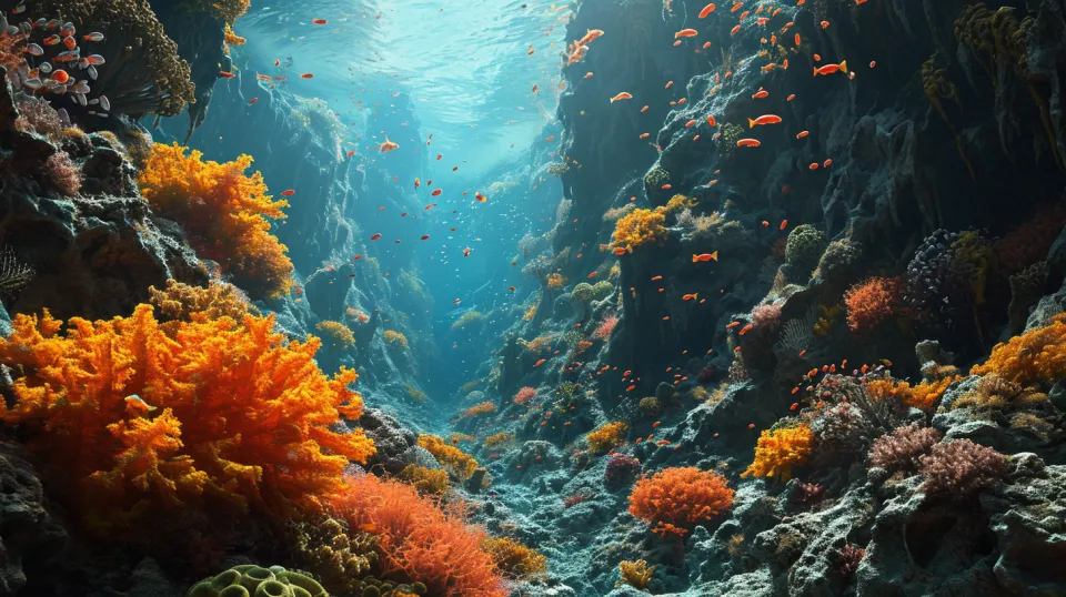 Escena del arrecife submarino con corales coloridos y peces