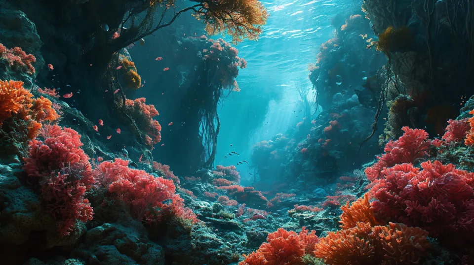 Picturesque underwater landscape with corals and swimming fish