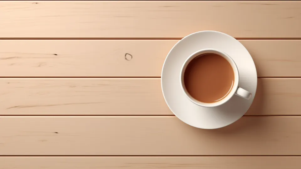 Simple white coffee in a mug placed on a light wooden table