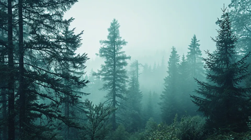 Bosque con altos abetos en la niebla y luz suave