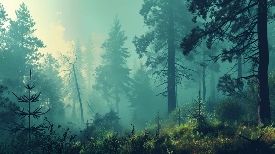 Representative image of a foggy forest with green trees and vegetation