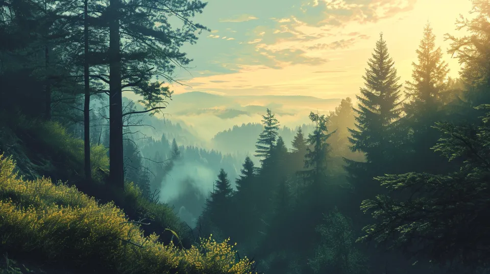 Forest landscape with morning light and mist against the backdrop of mountains