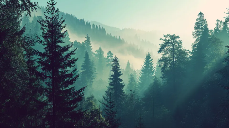 Árboles en un bosque nebuloso con luz de la mañana de fondo
