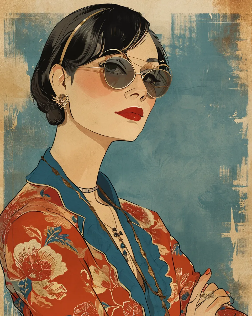 Imagen de una mujer elegante con una camisa brillante y gafas