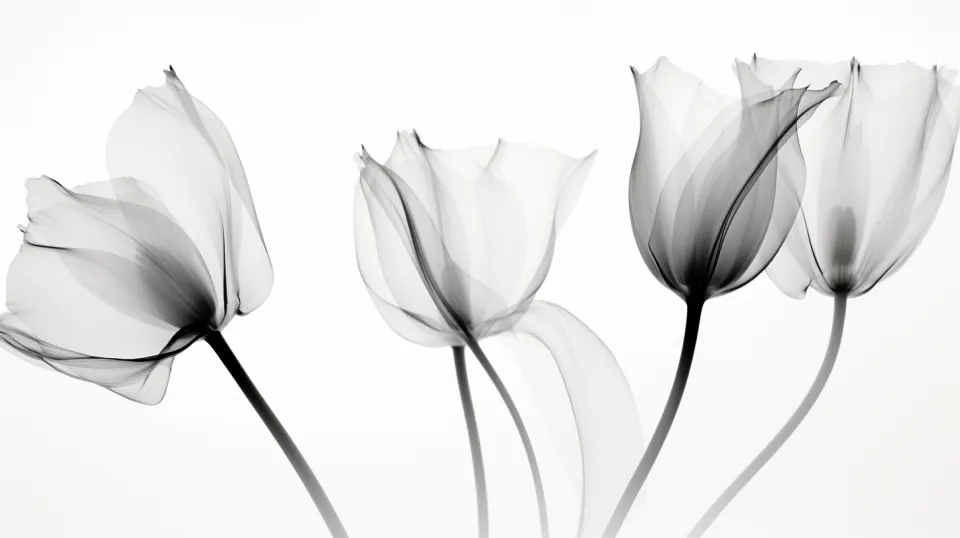 Cuatro flores semitransparentes sobre fondo blanco en estilo moderno