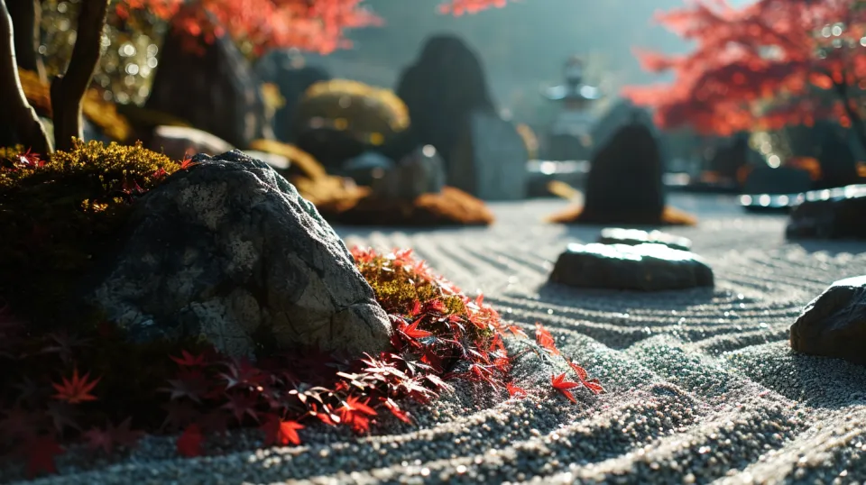 Hermosa composición de un jardín japonés con piedras y hojas rojas de arce