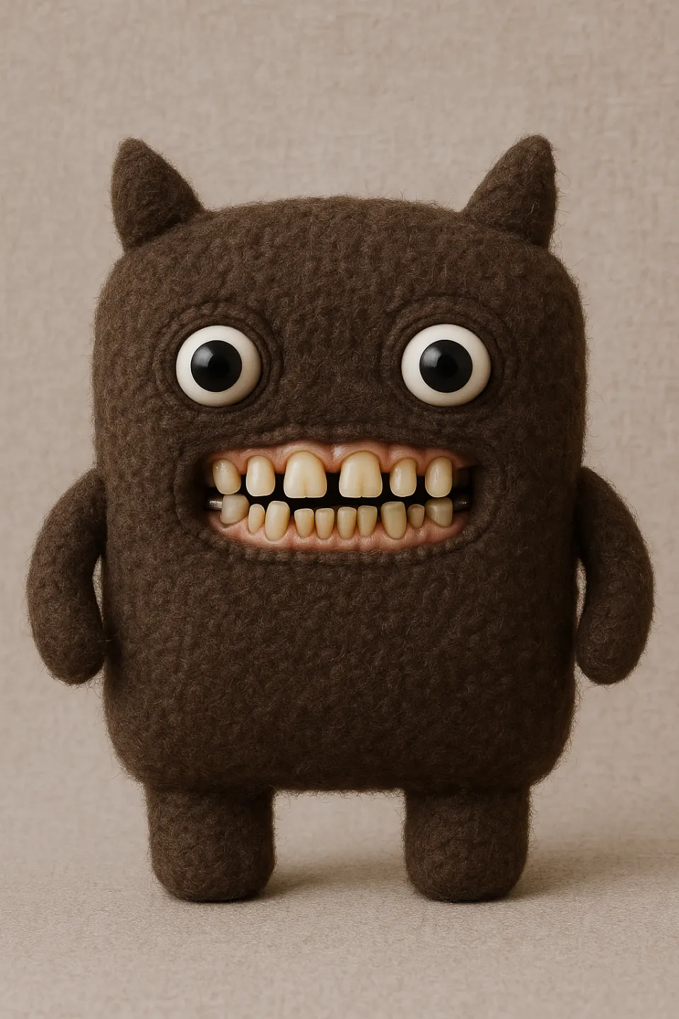 Personaje de peluche con ojos grandes y dientes