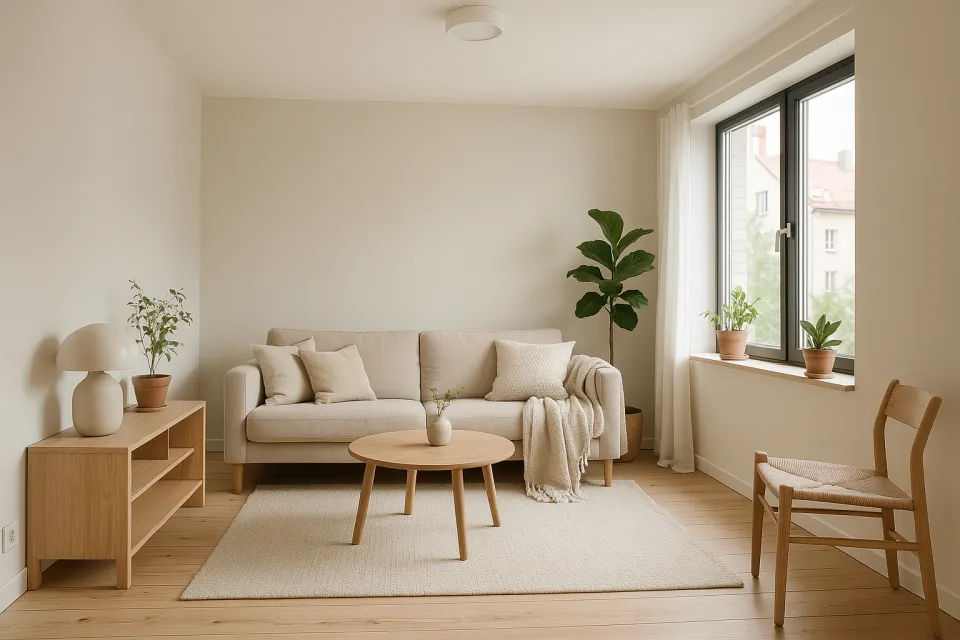 Living room in modern style with furniture and green plants