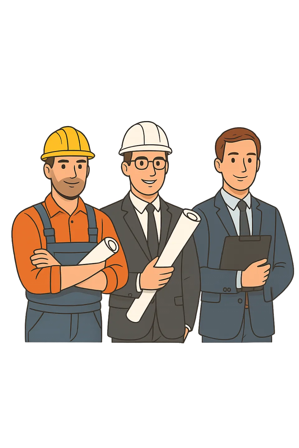 Трое мужчин в профессиональной одежде для строительной работы