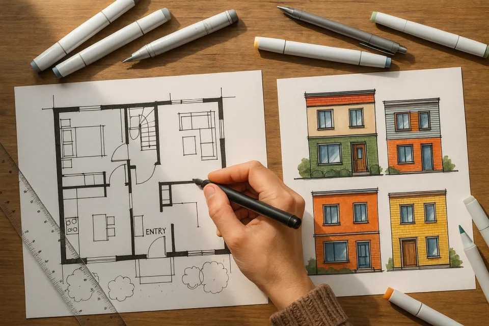 Architectural plan and colorful facade options of buildings on the table