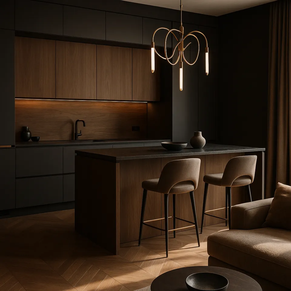 Элегантная кухня с деревянными элементами и стильными барными стульями