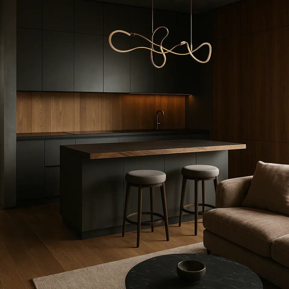 Cocina oscura con elementos de madera y una lámpara de diseño elegante