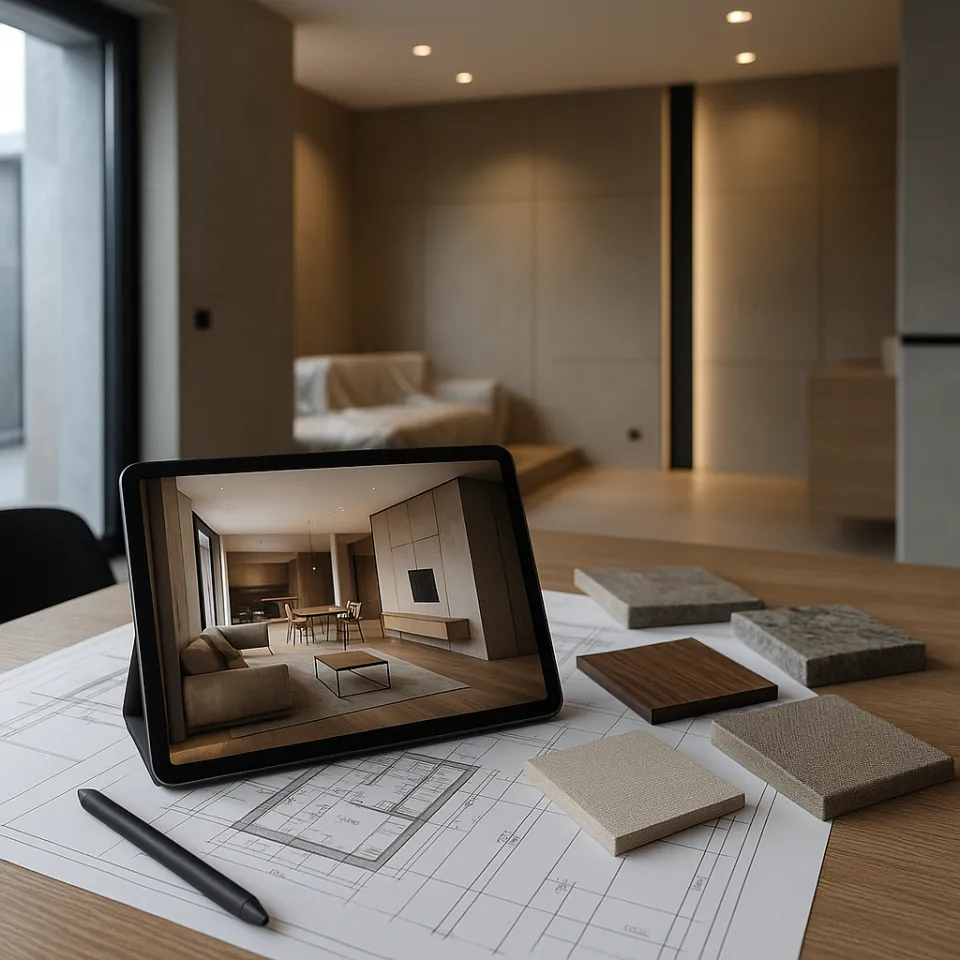 Tableta con imagen de interior sobre la mesa con muestras de materiales