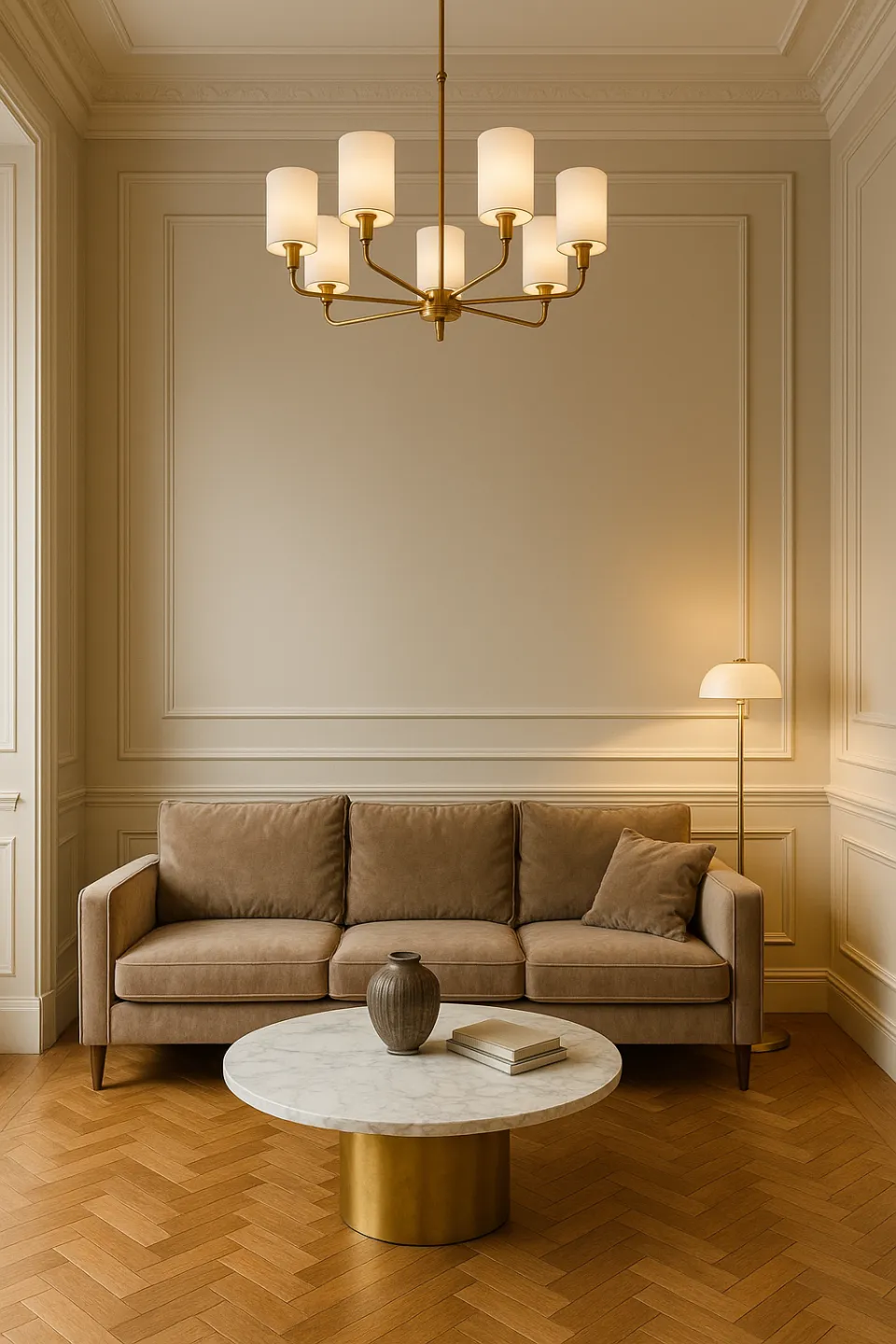 Современный гостиной с элегантным диваном и теплыми тонами