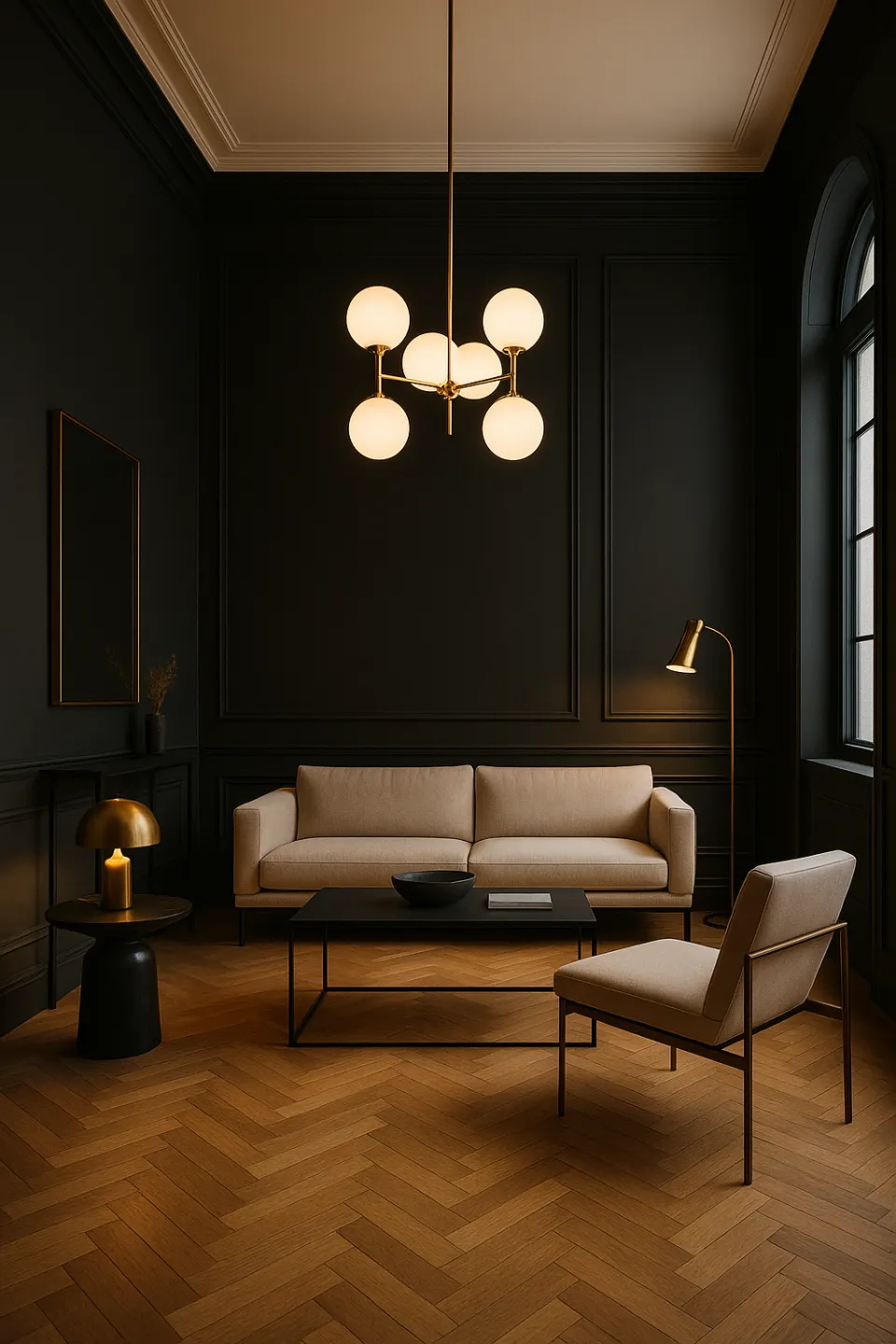 Sala de estar con muebles elegantes y accesorios de estilo en tonos oscuros