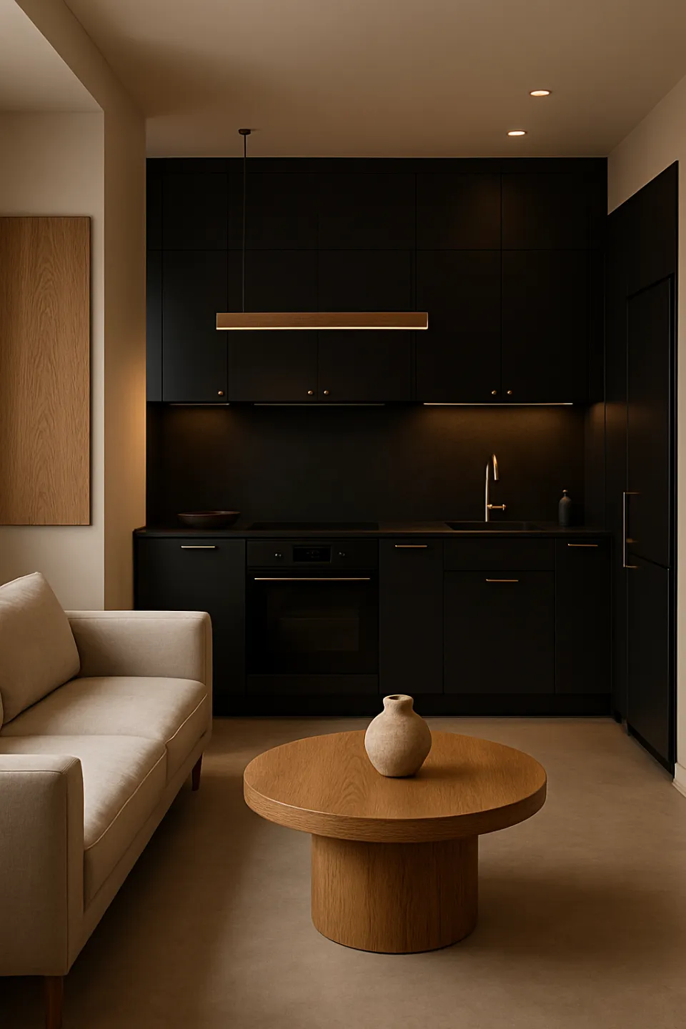 Cocina con muebles negros y elementos de madera en minimalismo