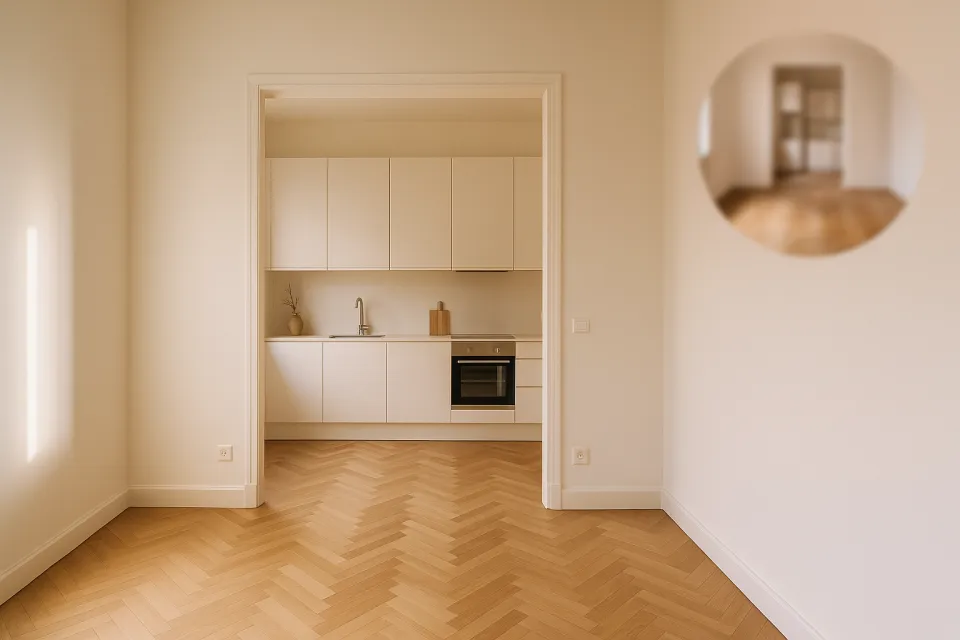 Minimalist kitchen with wooden floor and elegant finish