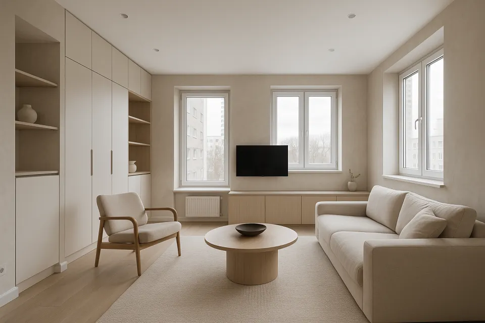 Sala de estar con muebles suaves y estanterías elegantes en diseño minimalista