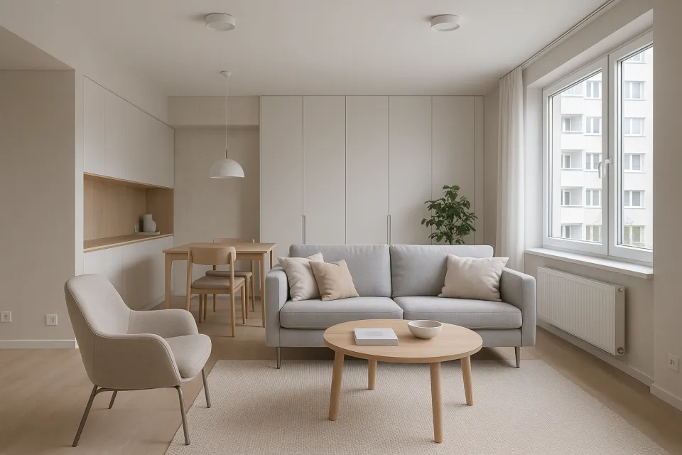 Sala de estar con sofá, mesa de comedor y grandes ventanas