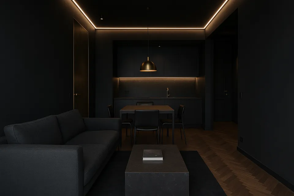 Elegant kitchen design with black furniture and subdued lighting