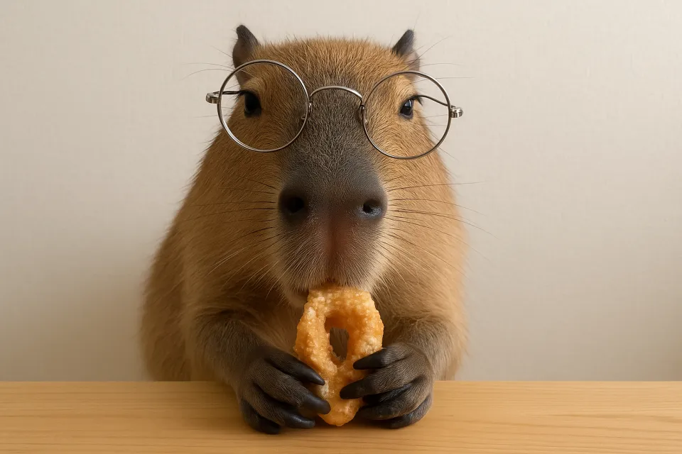 Capybara in Glasses Holding a Snack Between Its Paws
