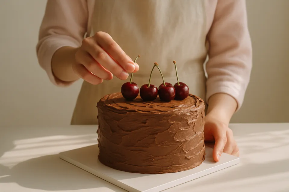 Una mujer decora un pastel de chocolate con cerezas frescas.