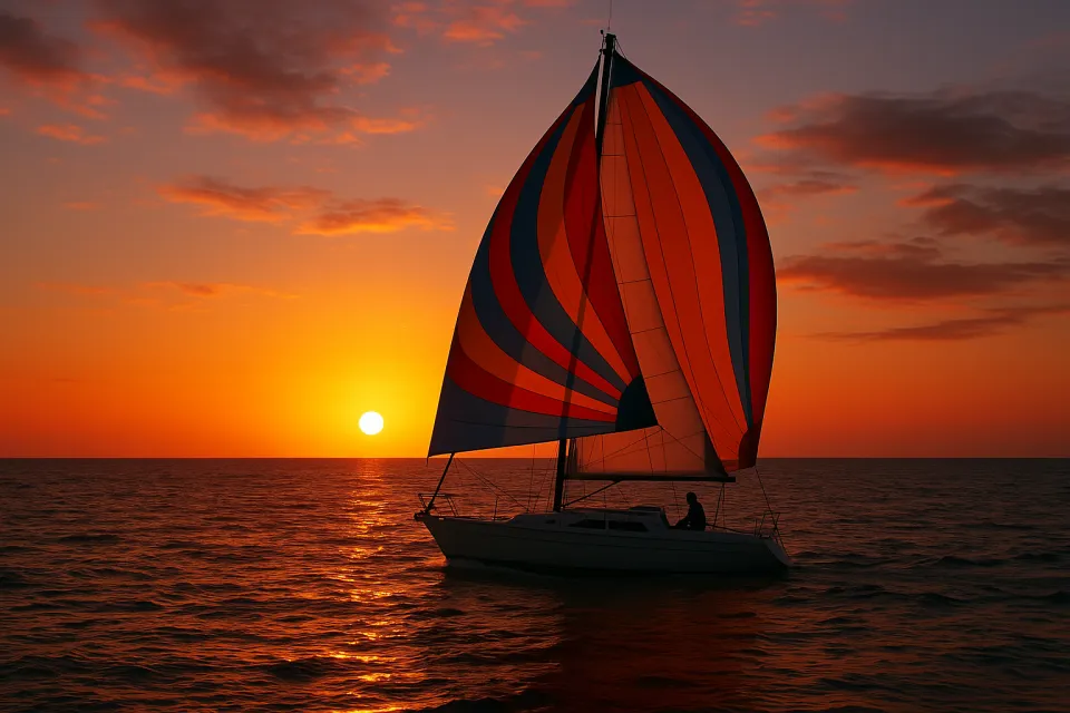 A yacht with multicolored sails gliding against the backdrop of the sunset