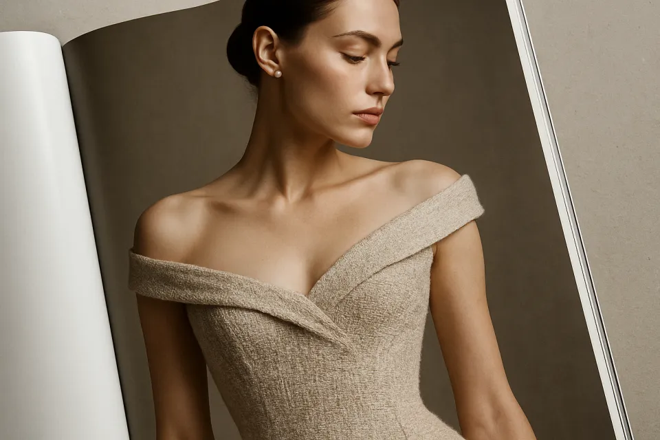 Woman in an elegant off-shoulder dress against a magazine backdrop