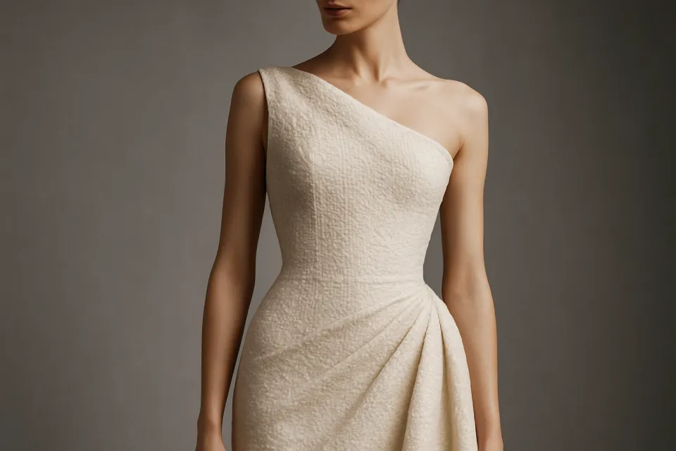 Model in a stylish wedding dress with pleats on the skirt