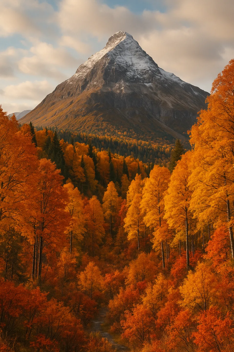 View of a Snow-Capped Mountain and Forest with Autumn Trees
