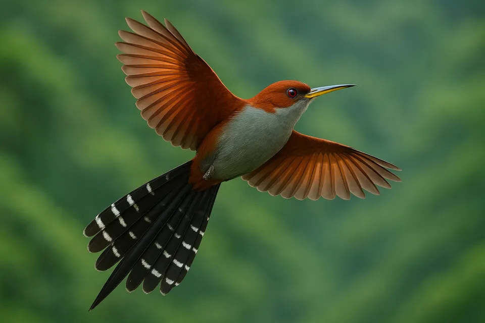 A bird with a red head and bright feathers flying through a green forest