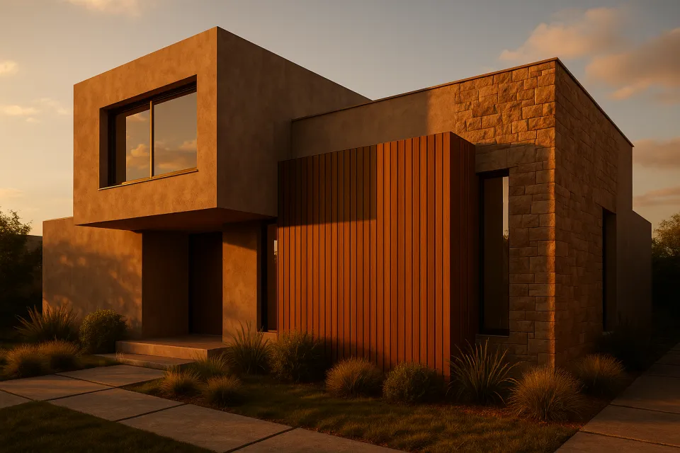 Casa estéticamente atractiva con elementos de hormigón y madera