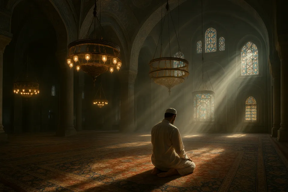 A man in traditional clothing prays in a mosque with vibrant stained glass windows
