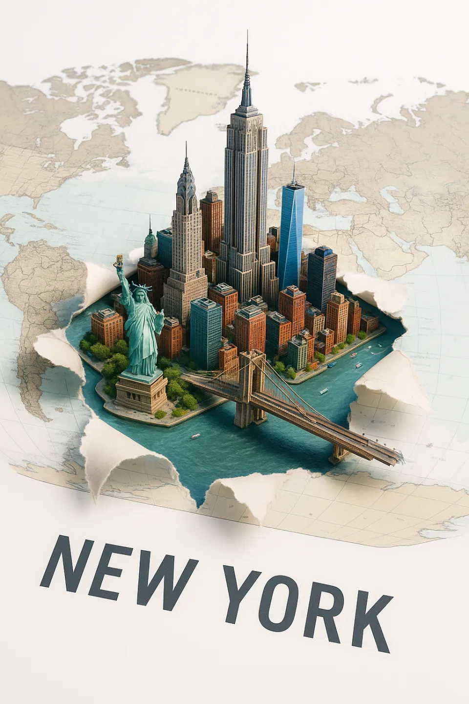 3D model of New York with famous buildings and a map