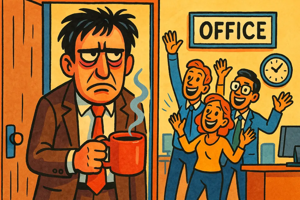 Un hombre con expresión descontenta sostiene una taza de café, el equipo está celebrando