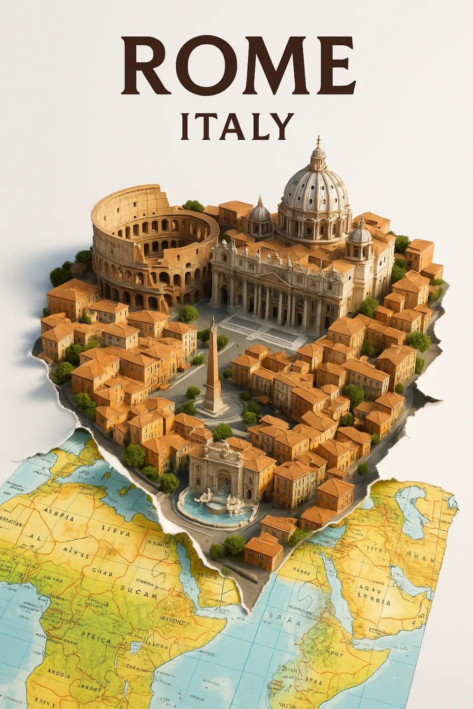 Detailed model of Rome featuring famous landmarks and a map