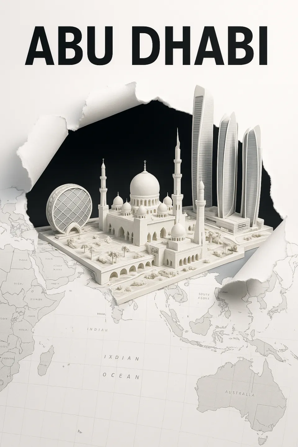 Model of Famous Buildings in Abu Dhabi with a Map Beneath