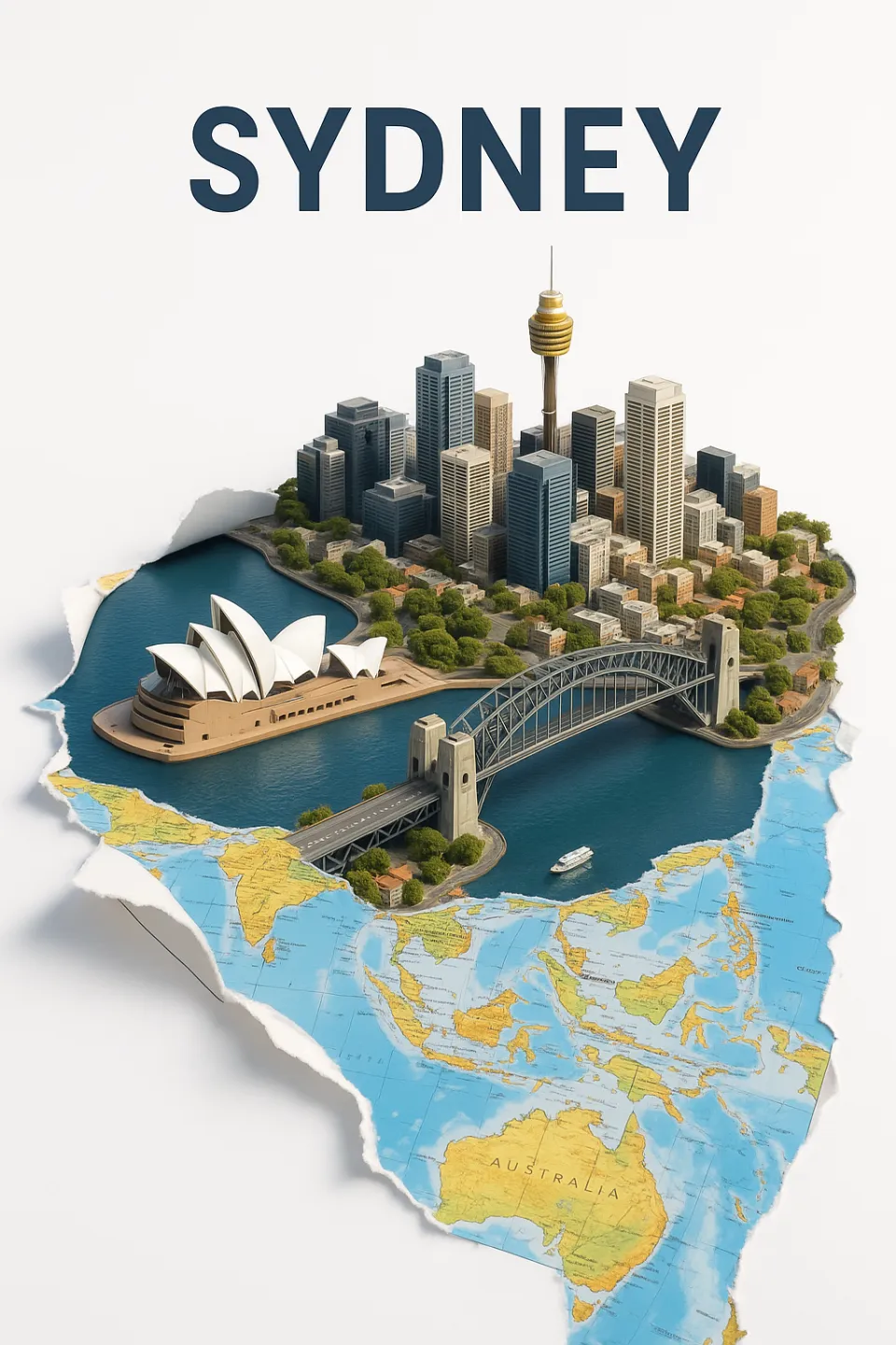 Sydney, brought to life in 3D, with a map of Australia in the background