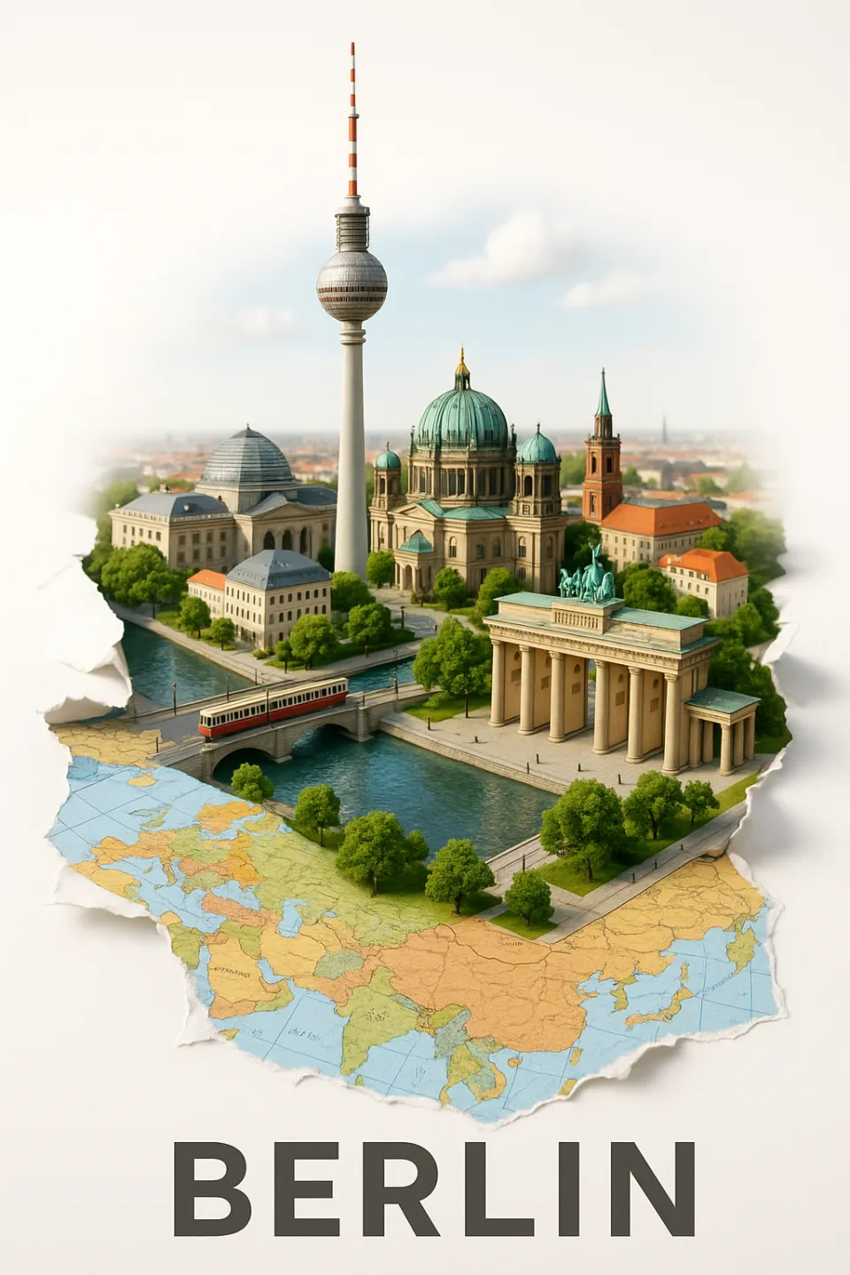 Stylized image of Berlin with key landmarks and a map