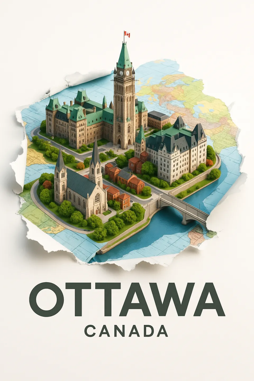 3D model of Ottawa's buildings against the world map