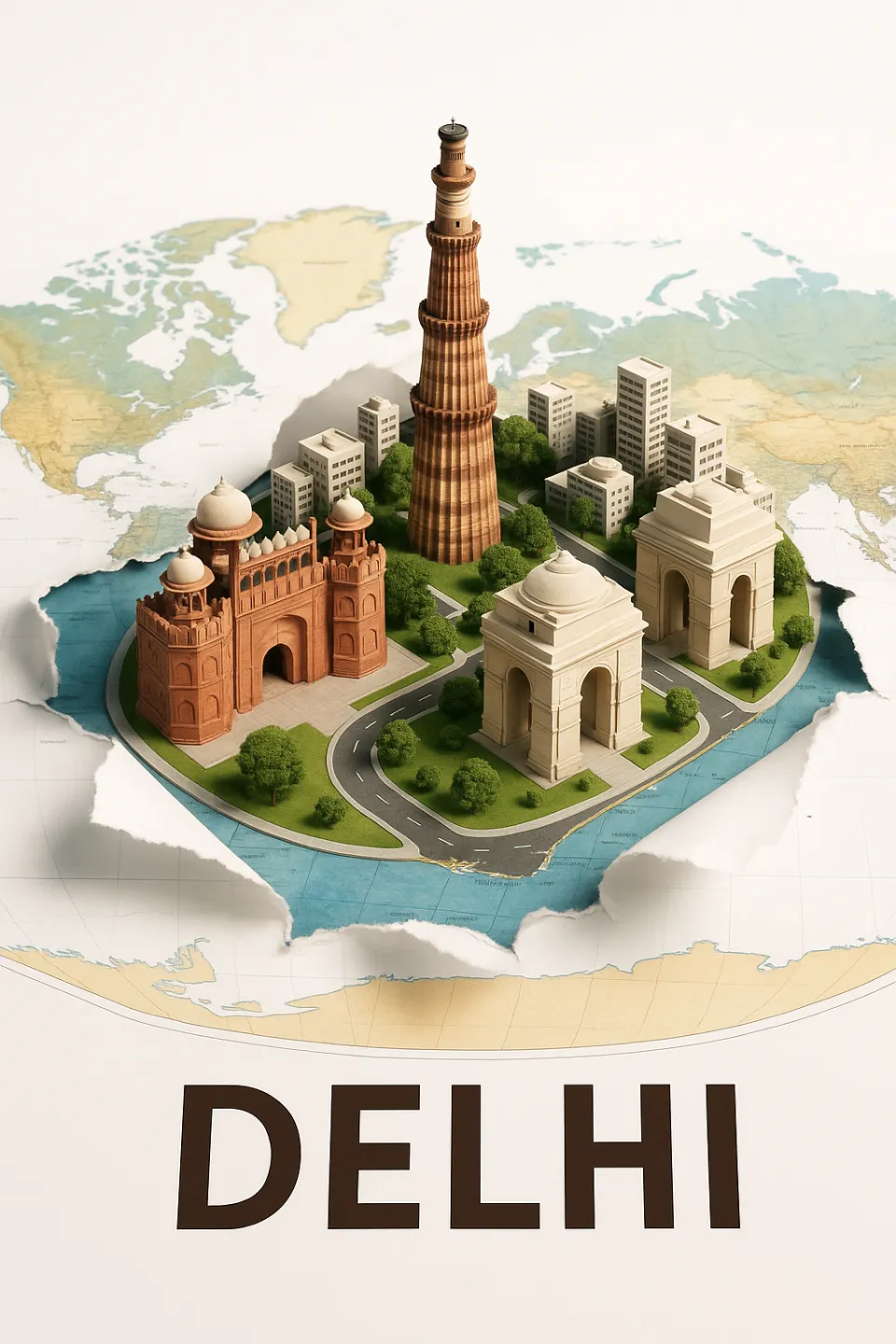 Model of historical monuments of Delhi against the backdrop of a world map