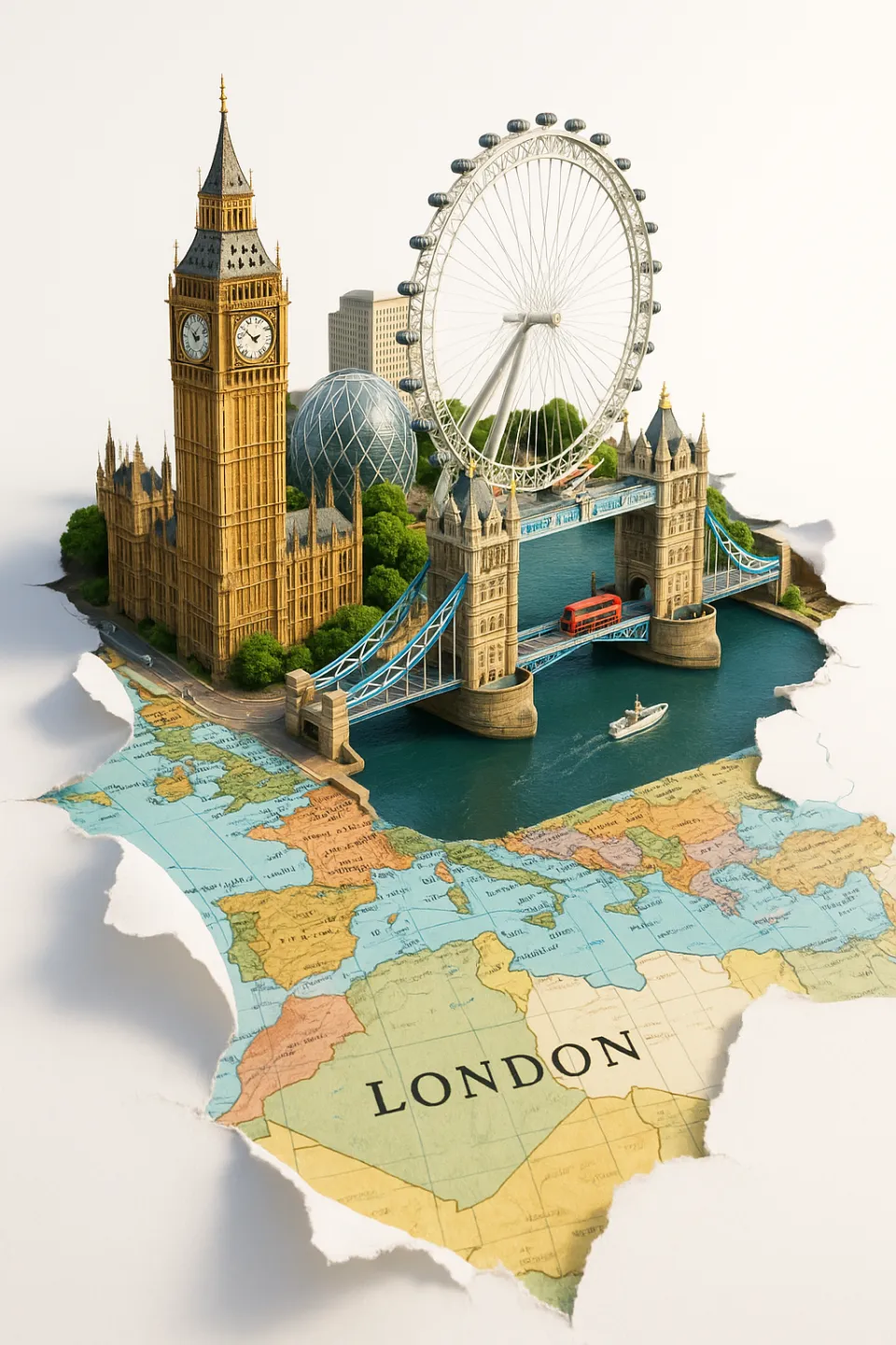 Image of a miniature representation of famous London landmarks on a map