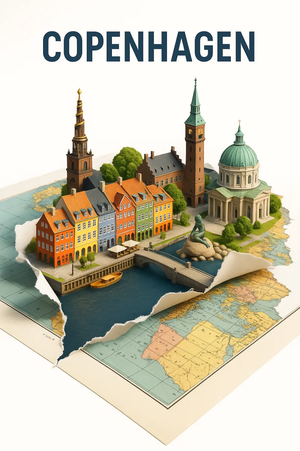 Miniature model of Copenhagen against the backdrop of a world map