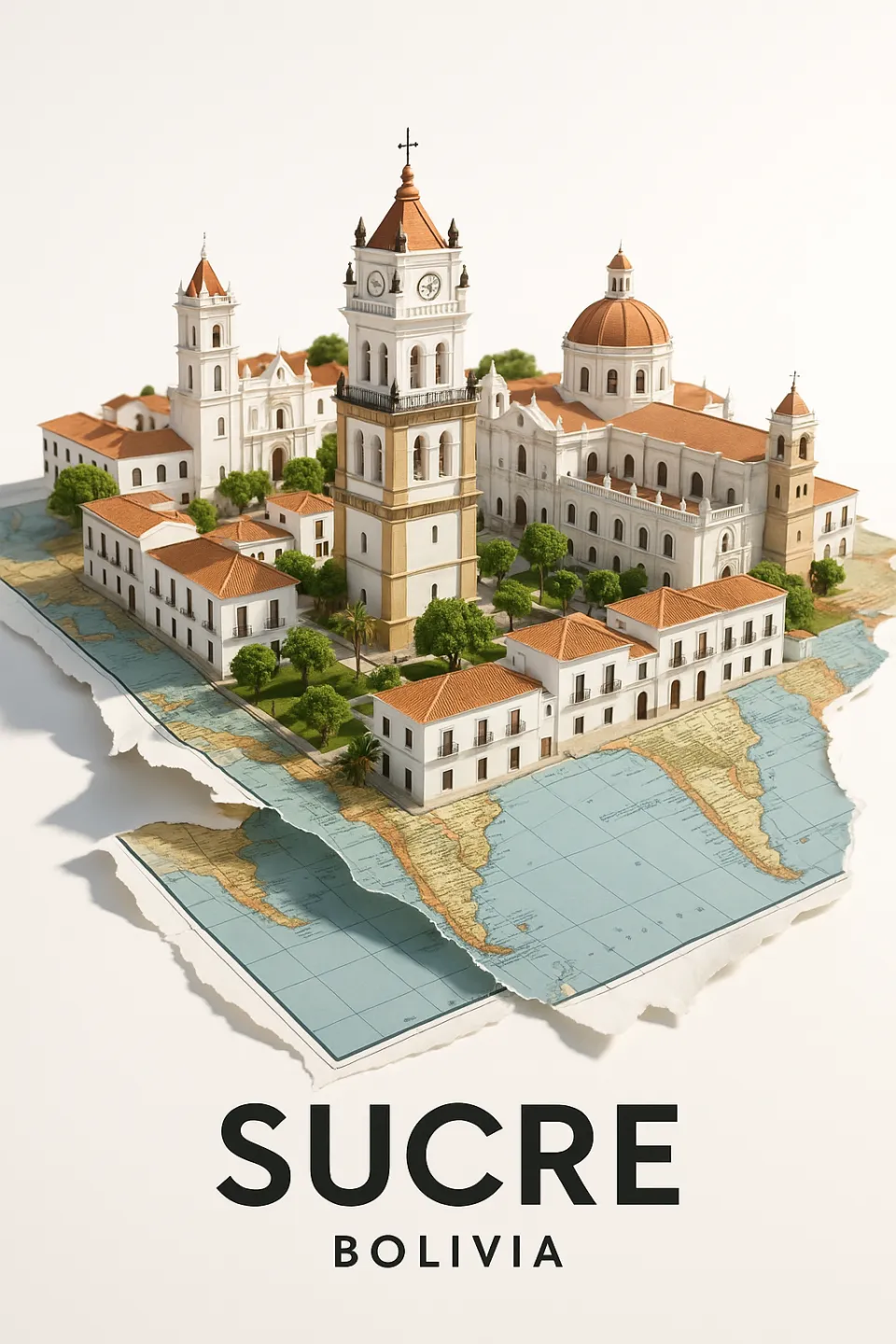 Detailed model of the architecture of Sucre's center with a map in the background
